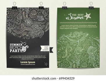 Vector set of two underwater life chalk poster templates. White contours of wild animals and plants on black and green blackboard backgrounds. Whale, dolphin, fish, shell, jellyfish, algae, octopus.