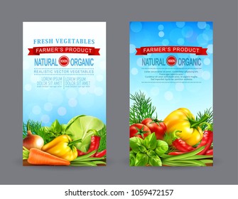 Vector set of two vertical banners with realistic vegetables for the farmers market (tomato, cabbage, carrots, dill, basil, eggplant, onion, pepper, green beans, chili). template for advertising card