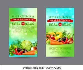 Vector set of two vertical banners with realistic vegetables for the farm market (tomato,cabbage, carrots, dill, basil, eggplant, onion,pepper, chili). Illustration, template for advertising card