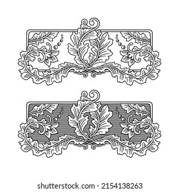 Vector set of two vintage vignettes with floral swirls, flowers and berries, antique heraldic decorative element in frame as black outline isolated on white