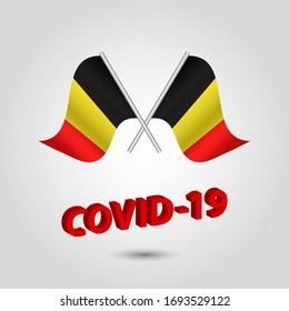 vector set two waving crossed flags of belgium on silver pole - belgian icon with red 3d text title coronavirus covid-19
