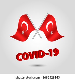 vector set two waving crossed flags of turkey on silver pole - turkish icon with red 3d text title coronavirus covid-19