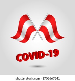 vector set two waving crossed flags of austria on silver pole - austrian icon with red 3d text title coronavirus covid-19