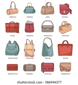 Vector set with types of bags, clutches and purses. Collection of modern fashion female accessory. Fashionable and trendy handbags. Illustration isolated on white. Design elements in flat style