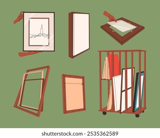 Vector set of types of frames for paintings. Framing workshop. Embroidery stretching, glass installation, frame restoration. Wood baguette. Vector illustration in flat style