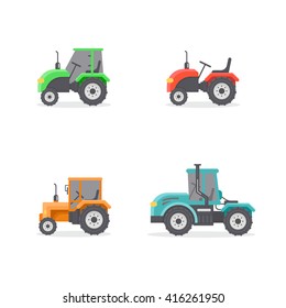 Vector set of types of tractors. Four icons of different tractor. Agricultural machinery.