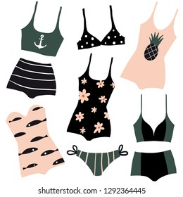 Vector set with types of woman beach clothes. Hand drawn summer collection: cute swimsuit, bikini, monokini. Fashion colorful hand drawn illustration. Stylish swimwear design.