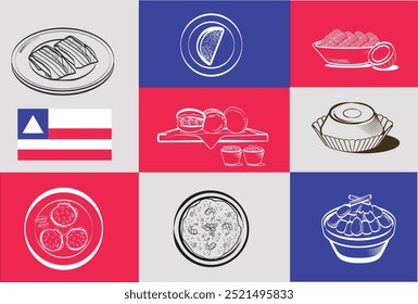 Vector set of typical foods with lines from the state of Bahia, Brazil. This vector set includes acarajé, abará, crab shell, shrimp bobo, tapioca, quindim, coco and mungunza