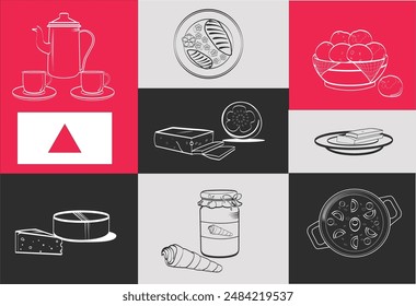 Vector set of typical foods from Minas Gerais, Brazil. This set of vectors with just lines includes includes some of the famous dishes from the states of Minas Gerais like cheese bread and coffee.