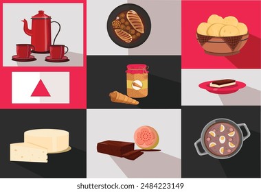 Vector set of typical foods from Minas Gerais, Brazil. This vector set includes: Dulce de leche, coffee, cheese bread, guava paste, bean tutu, chicken with okra and cheese with guava paste.
