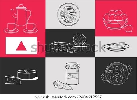 Vector set of typical foods from Minas Gerais, Brazil. This set of vectors with just lines includes includes some of the famous dishes from the states of Minas Gerais like cheese bread and coffee.