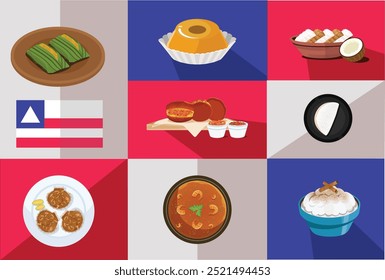 Vector set of typical foods from the state of Bahia, Brazil. This vector set includes acarajé, abará, crab shell, shrimp bobo, tapioca, quindim, coco and mungunza