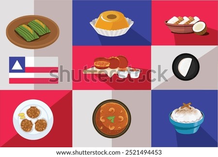 Vector set of typical foods from the state of Bahia, Brazil. This vector set includes acarajé, abará, crab shell, shrimp bobo, tapioca, quindim, coco and mungunza