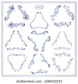 Vector set of typographic symbols. Triangle frames, template for logo, monogram, wedding or more elements in ornate vintage style. Wild flowers and waves design, blue watercolor style