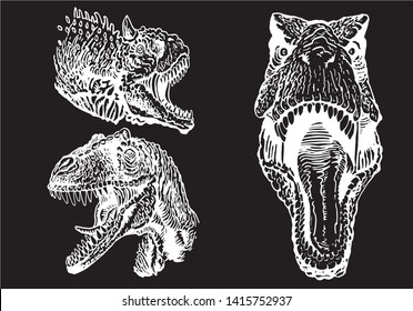 Vector set of tyrannosaurus portraits isolated on black, graphical engraved illustration