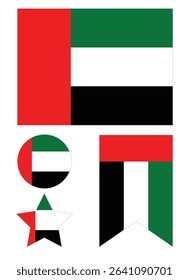 Vector set of UAE flags. UAE Round Country Flag. Circular UAE National Flag.  EPS Vector Illustration.