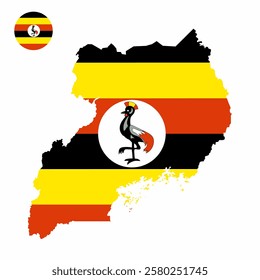 Vector set of Uganda high detailed map flag and national flag round badge isolated on white background.