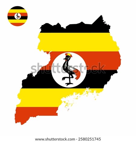 Vector set of Uganda high detailed map flag and national flag round badge isolated on white background.