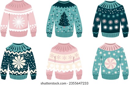 Vector set of ugly Christmas sweaters in turquoise and pink pastel shades