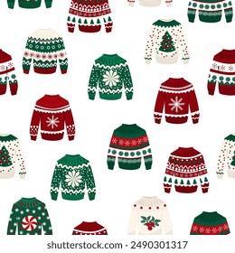 Vector set of ugly Christmas sweaters in red and green colors. Sprig of mistletoe, snowflake, Christmas tree, seamless patterns.