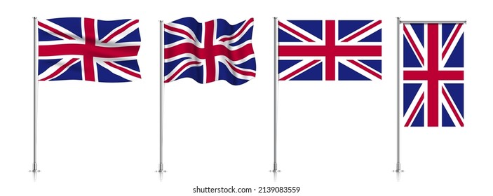 Vector set of UK flags on a metallic pole, isolated on a white background.
