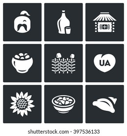 Vector Set of Ukraine Icons. Kazak, Vodka, Village, Potato, Wicker Fence, Patriot, Sunflower, Cuisine, Dumplings. Ukrainian village and national cuisine. Isolated symbols on a black background