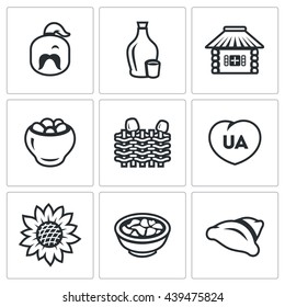 Vector Set of Ukraine Icons. Kazak, Vodka, Village, Potato, Wicker Fence, Patriot, Sunflower, Cuisine, Dumplings. Ukrainian village and national cuisine. 