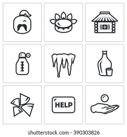 Vector Set of Ukraine issues Icons. Cossack, Gas, House, Temperature, Winter, Alcohol, Fuel, Help, Loan. Man, gas burner, hut, thermometer, icicles, vodka, wood, credit.