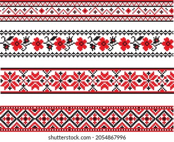 Vector set of Ukrainian seamless ornaments. Borders and frames in the national Slavic style. Cross stitch patterns
