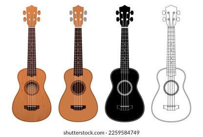 Vector set of Ukulele guitars, in realistic, flat color, black silhouette and outline versions.