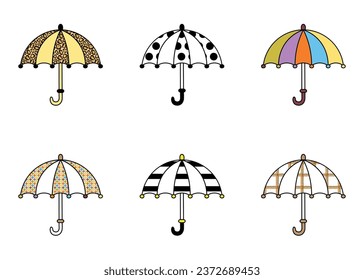 vector set of umbrellas with cute patterns, in flat style, isolated on white background