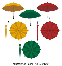 Vector set of umbrellas. Different type of umbrellas: open and closed cane. Flat vector yellow, green and red ambrella illustrationon on white background
