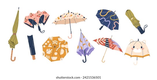 Vector Set of Umbrellas, Portable, Collapsible Devices Designed To Shield From Rain Or Sunlight. Consist Of Canopy