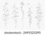 Vector set of underwater air bubble flow isolated on light transparent background. Fizzing bubbles in aquarium, champagne or effervescent drink. 3d transparent realistic oxygen gas texture.