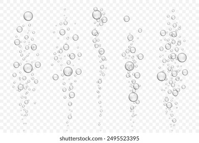 Vector set of underwater air bubble flow isolated on light transparent background. Fizzing bubbles in aquarium, champagne or effervescent drink. 3d transparent realistic oxygen gas texture.