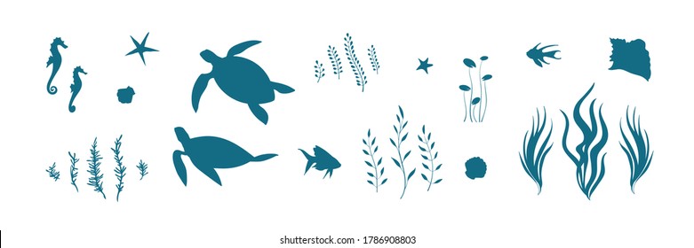 Vector set with underwater animal illustration with turtles, fish, seahorses and algae. Blue silhouette of undersea wildlife elements. Marine life cartoon collection.