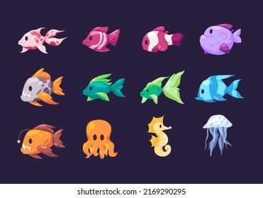 vector set of underwater animal like fish octopus sea horse and jellyfish in cartoon style illustration