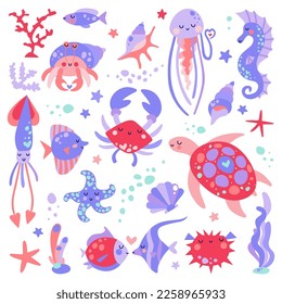 Vector set of underwater animals. Childish background with cute sea life.

