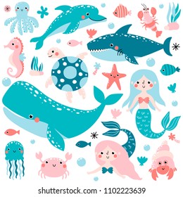 Vector set of underwater animals and mermaids.