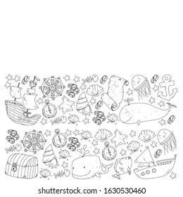 Vector set with underwater diving icons and pirate elements. Treasure chest, ship, octopus, diver. Little boys and kingergarten preschool girls summer vacation and adnventure