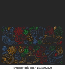 Vector set with underwater diving icons and pirate elements. Treasure chest, ship, octopus, diver. Little boys and kingergarten preschool girls summer vacation and adnventure