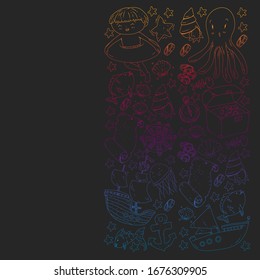 Vector set with underwater diving icons and pirate elements. Treasure chest, ship, octopus, diver. Little boys and kingergarten preschool girls summer vacation and adnventure