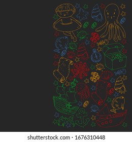 Vector set with underwater diving icons and pirate elements. Treasure chest, ship, octopus, diver. Little boys and kingergarten preschool girls summer vacation and adnventure