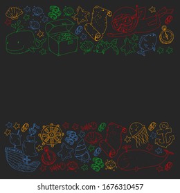 Vector set with underwater diving icons and pirate elements. Treasure chest, ship, octopus, diver. Little boys and kingergarten preschool girls summer vacation and adnventure