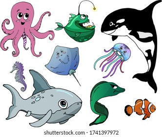 Vector set of underwater inhabitants. Cartoon marine life for children.