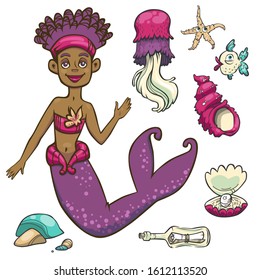 Vector set of underwater objects with waving afro american mermaid, a jellyfish and a shell. Children cartoon illustration