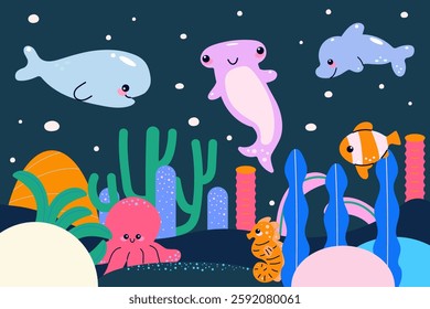 Vector set of underwater ocean fauna. Hand drawn sea animals. Cartoon isolated vector illustration