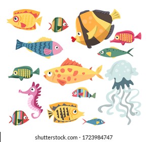 Vector set with underwater ocean fish, on a white background in isolation.