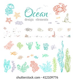 Vector set of underwater sea/ocean design elements. Various contours of shells, algae, fish, jellyfish, starfish, bottle with a letter, key, stones and bubbles isolated on white background. 