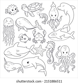 Vector set of underwater world in cartoon style isolated on a white background. Children's coloring on the theme of the sea and ocean inhabitants in the style of line art. Ocean theme in children's